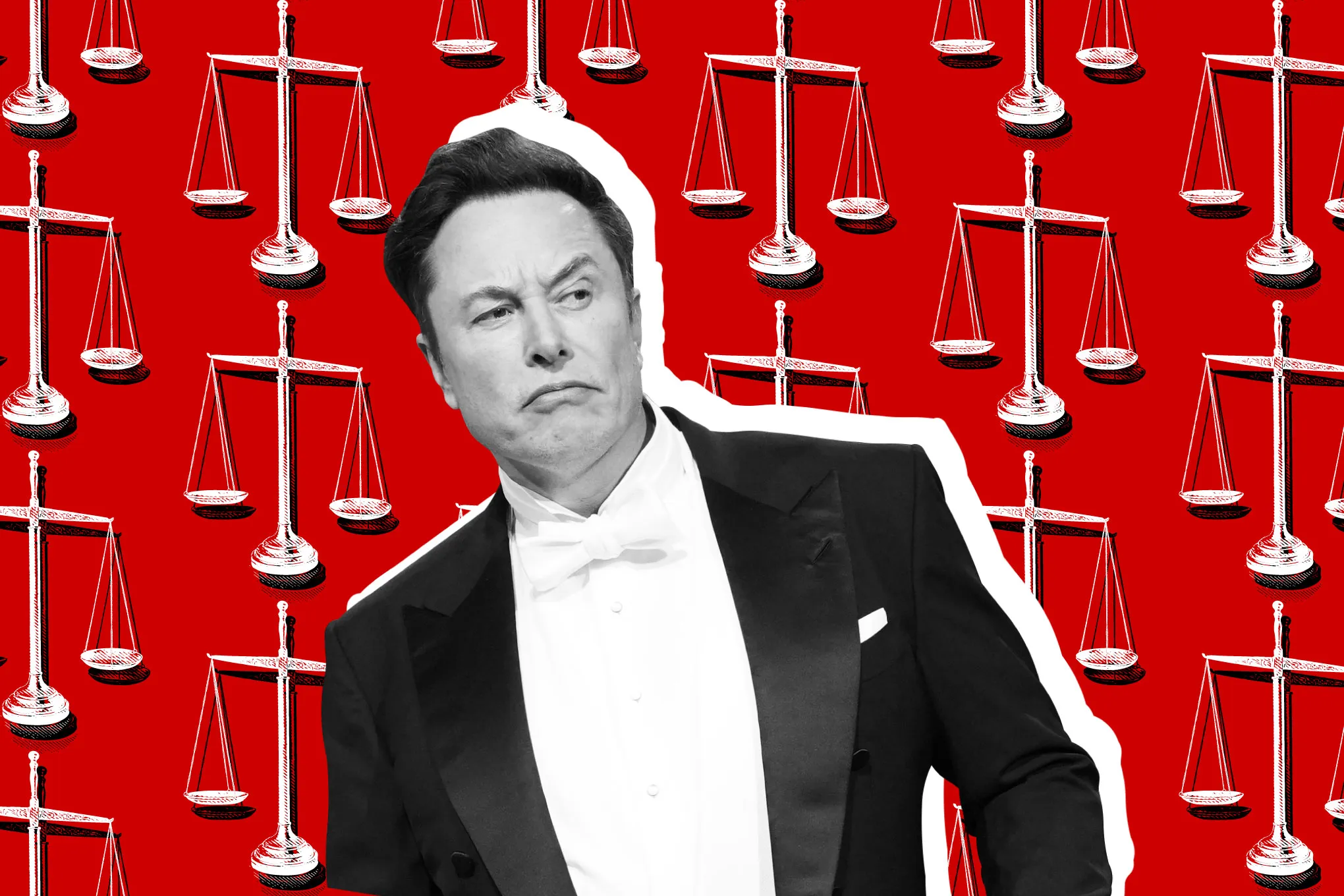 Elon Musk in a tuxedo making an odd face, with a red background and weight scales